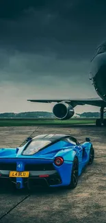 Blue sports car parked beside an airplane on a runway.