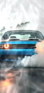 Dynamic blue sports car with smoky effects.