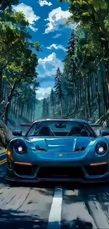 Blue sports car driving through a forest.