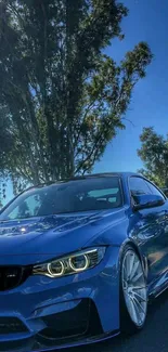 Blue sports car under trees on a sunny day.