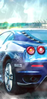 Blue sports car on a race track with dynamic style.