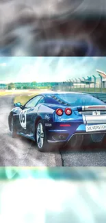 Blue sports car racing on track with a dynamic background.