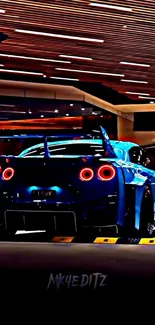 Blue sports car with dynamic lighting and sleek design.