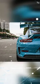 A sleek blue sports car on an urban street.