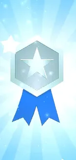 Blue star award wallpaper with bright light beams and stars.