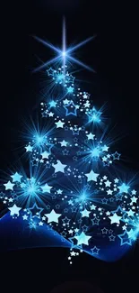 Glowing blue starry Christmas tree on a dark background.