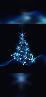 Blue starry Christmas tree wallpaper with a festive glow.