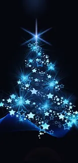 A glowing blue Christmas tree with bright stars on a dark background.