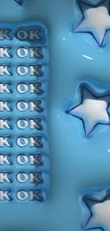 Blue wallpaper with 3D stars and repeating 'OK' text.