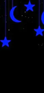 Blue stars and crescent moons on black background.