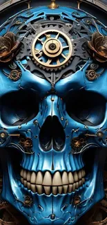 Blue steampunk skull with gears and metallic elements.