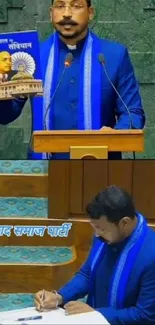 Politician in blue suit holding constitution during speech.