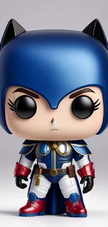 Blue superhero figurine with helmet and vibrant colors.