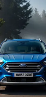 Blue SUV parked in a misty forest background, showcasing elegance and adventure.