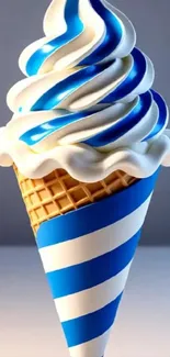 Blue and white swirled ice cream cone on wallpaper.