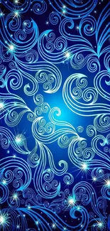 Vibrant blue swirl pattern wallpaper with decorative abstract design.