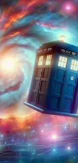 Blue TARDIS flying through a colorful cosmic swirl in outer space.