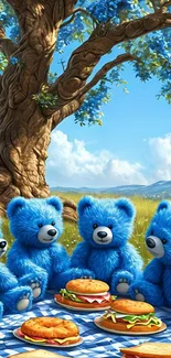Blue teddy bears having a picnic under a tree.