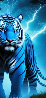 Blue tiger in a stormy jungle with lightning.