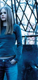 Stylish woman in blue jeans against urban backdrop.