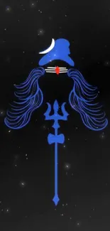 Blue trident Shiva design on black background, abstract and spiritual mobile wallpaper.