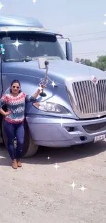 Woman with blue truck on a dusty road, sparkling effect.