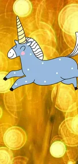 Blue cartoon unicorn on vibrant golden bokeh background, perfect for mobile.