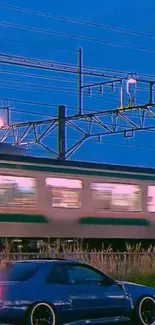 Urban nightscape with train and car in motion under blue sky.