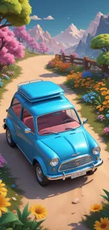 A vintage blue car on a floral path in front of mountains.