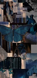 Blue butterfly with vintage collage art in dark blue tones.