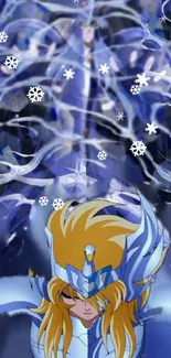 Anime warrior in blue armor with snowflakes, mystical and dynamic scene.