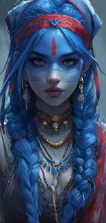 Fantasy blue warrior art with jewelry and braids in a striking portrait.