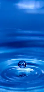 Blue water droplet creating ripples in a calm setting.