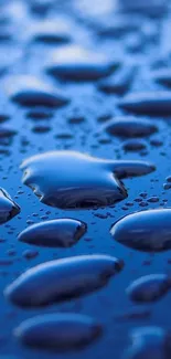 Close-up of vibrant blue water droplets on a dark surface, creating a calming effect.