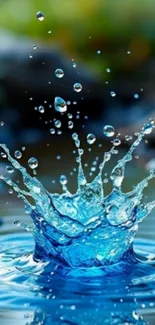 Blue water droplets captured in mid-air splash.