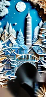 Intricate blue paper art depicting a winter night with a pagoda.