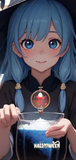 Anime witch with blue hair creating a potion.