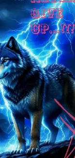 Wolf with blue lightning in vibrant phone wallpaper.