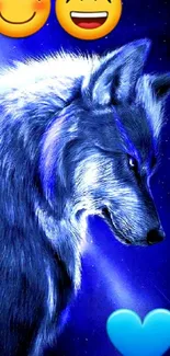 Majestic blue wolf with emojis against a starry backdrop.