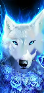 Mystical blue wolf with vibrant roses and flames.