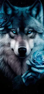 Wallpaper of a wolf with blue roses against a dark background.