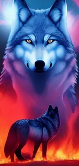 Majestic blue wolf surrounded by fiery flames.