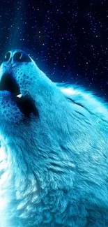 Blue wolf howling at night under a starry sky, perfect for mobile wallpaper.