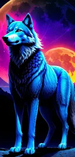 Blue wolf under a colorful cosmic moonlit sky.