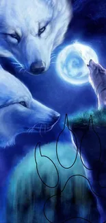 Blue wolves gazing at the luminous moon with a mystical paw print overlay.