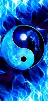 Dynamic blue yin yang with dragon design on a vibrant background.