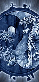 Blue Yin Yang wallpaper with dragon and tiger design.