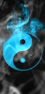 Blue Yin Yang symbol with smoke on dark background.