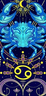 Illustration of a zodiac-themed blue crab with celestial elements.