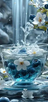 Glass cup with blueberries and flowers against a waterfall background.